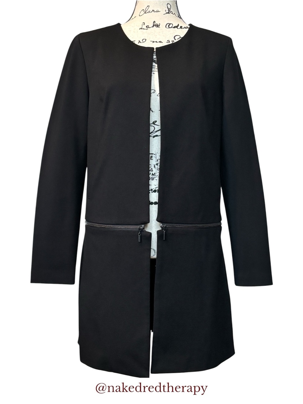 ecru Ponte Long Convertible Zip-Waist Black Open Blazer Jacket | Women Size S